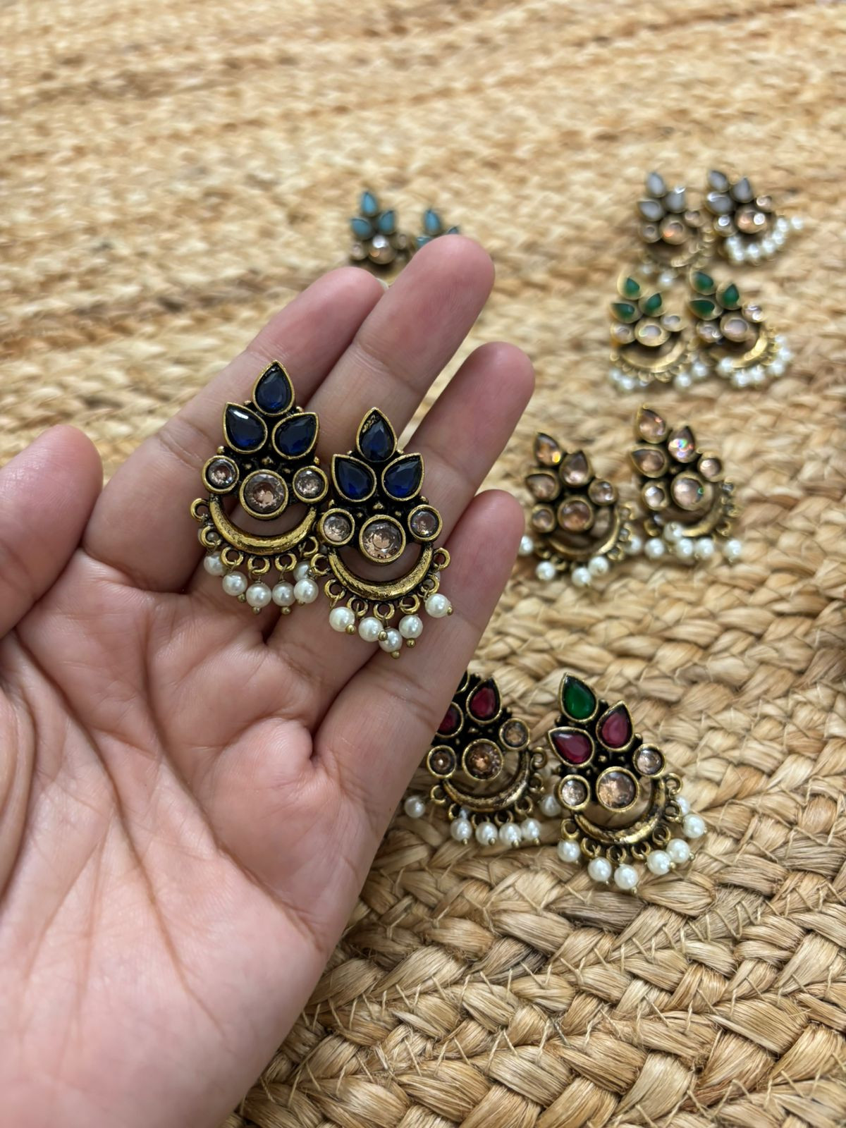 Metallic Oxidised Gold Earrings - Blue