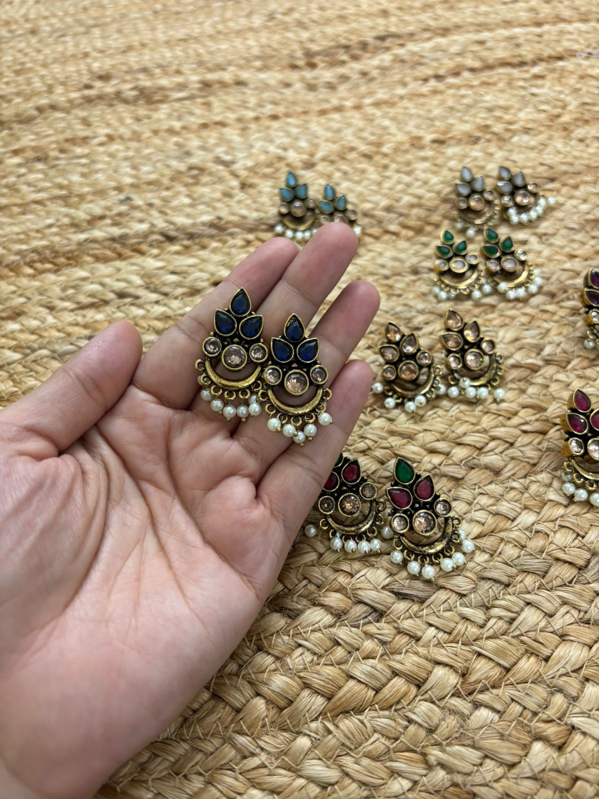 Metallic Oxidised Gold Earrings - Blue