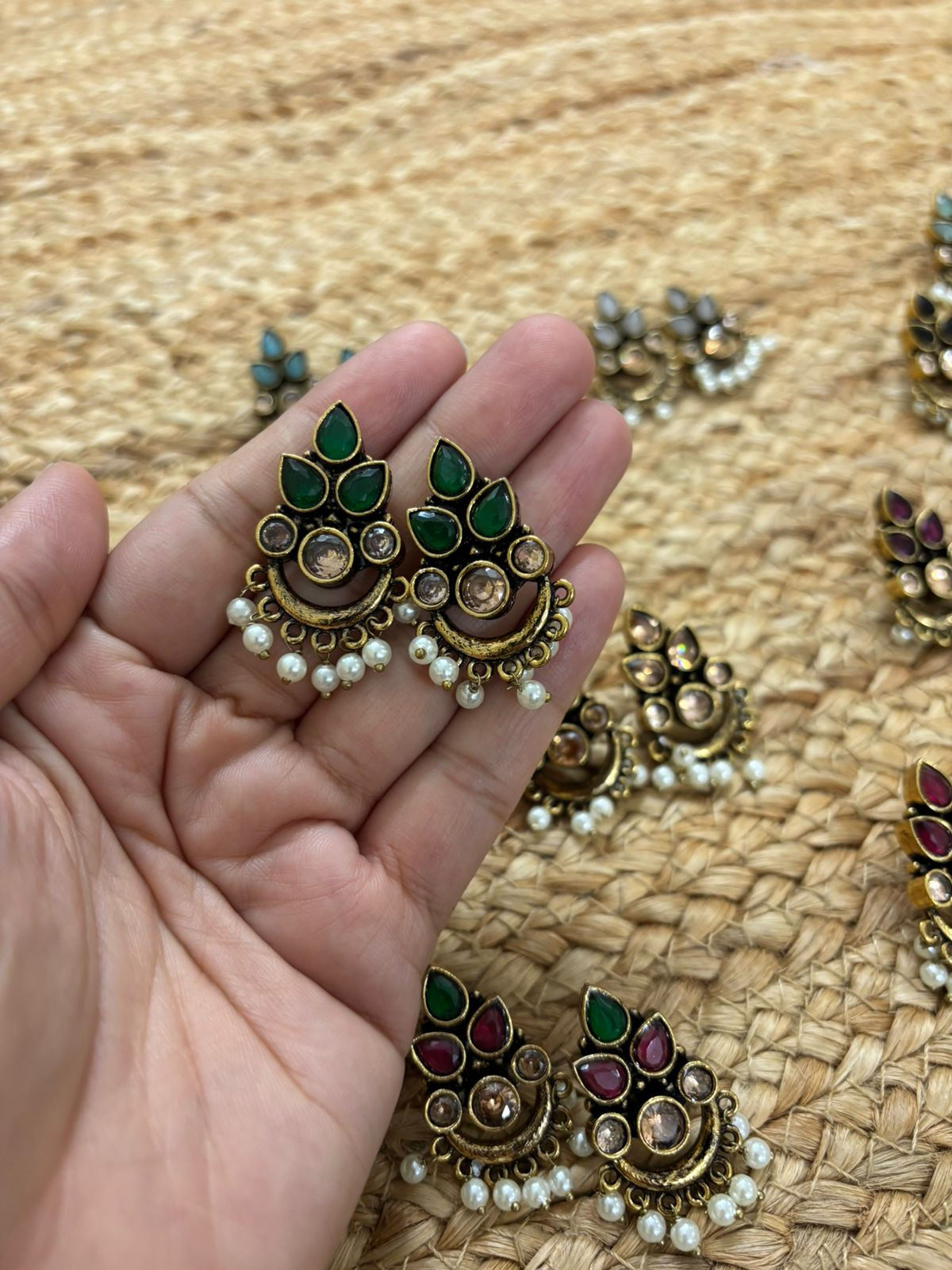 Metallic Oxidised Gold Earrings - Green