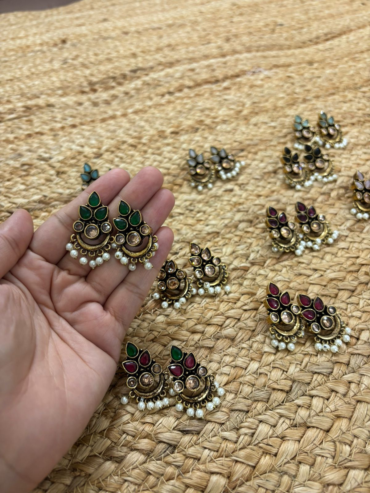 Metallic Oxidised Gold Earrings - Green