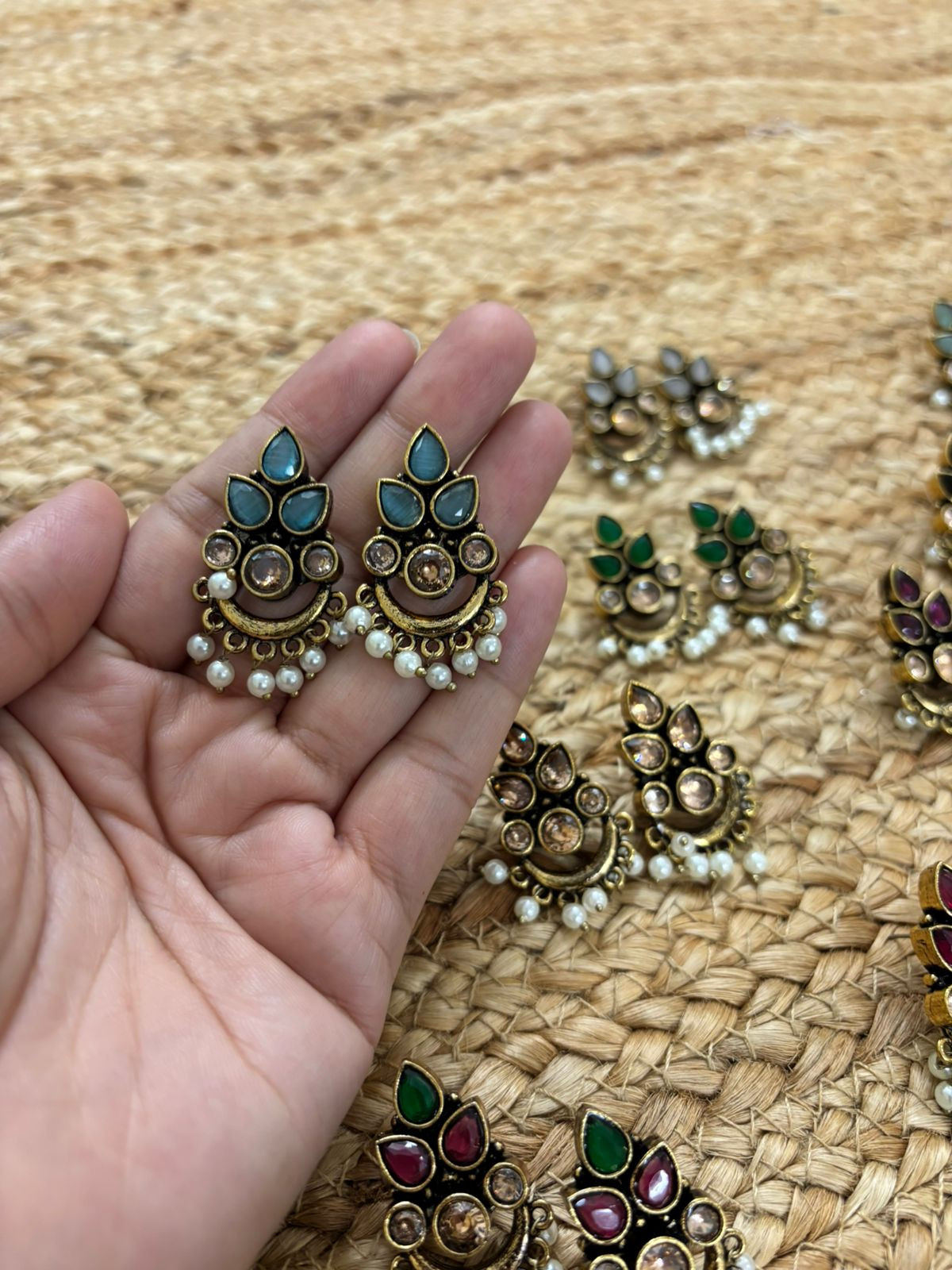 Metallic Oxidised Gold Earrings - Sea Blue