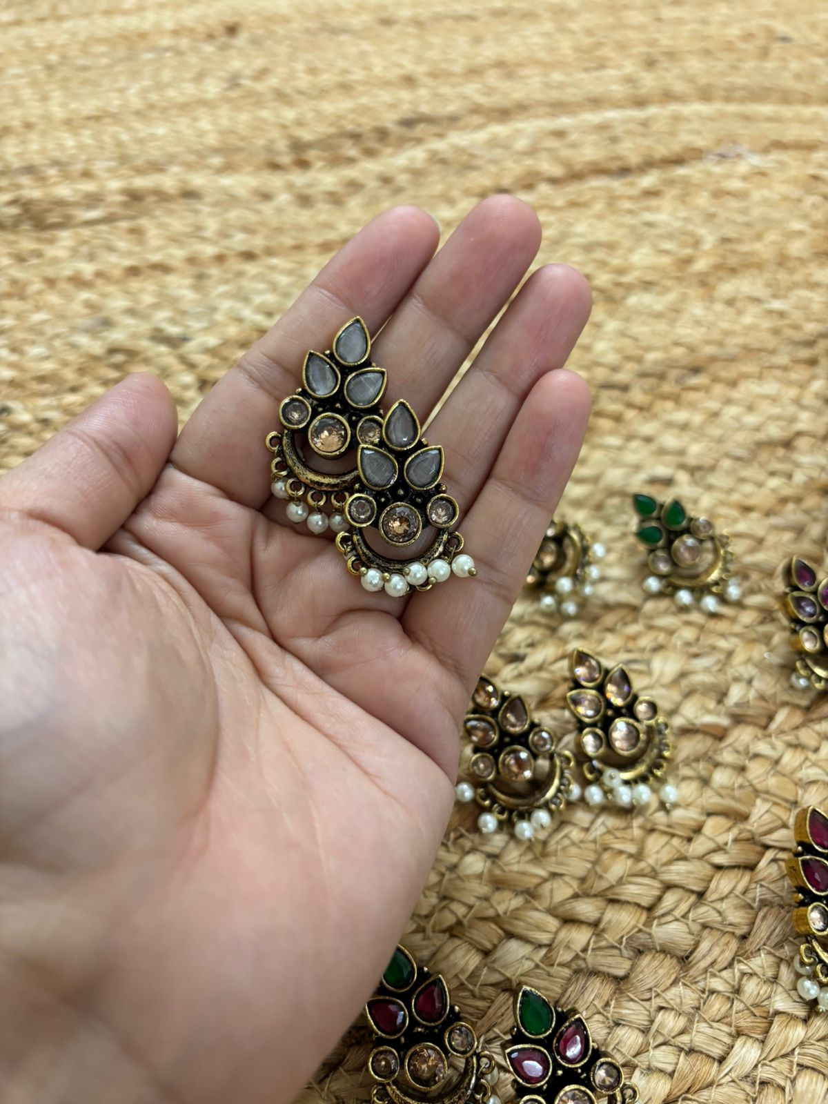 Metallic Oxidised Gold Earrings - White