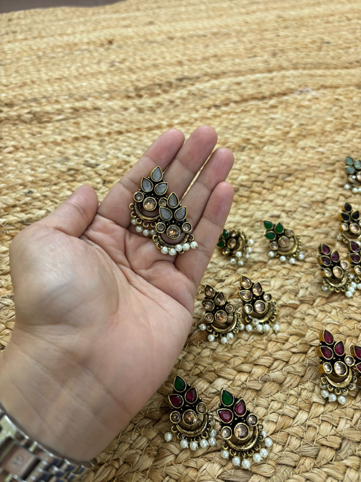 Metallic Oxidised Gold Earrings - White