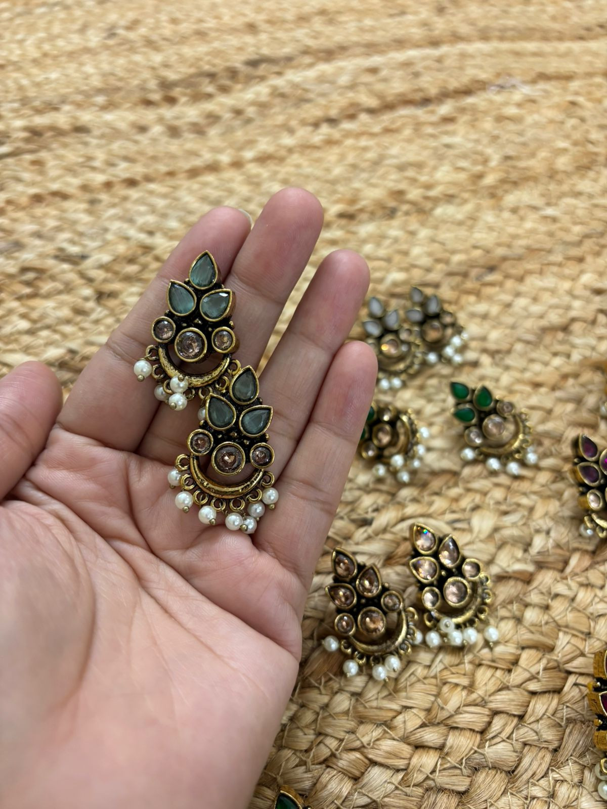 Metallic Oxidised Gold Earrings - Sea Green