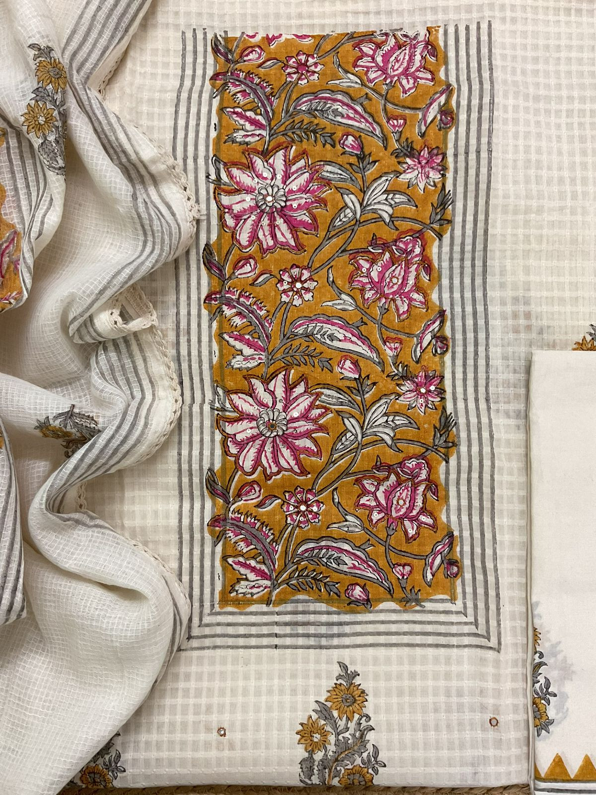 Pure Cotton Printed Self Weaved Embroidered Suit - Off White