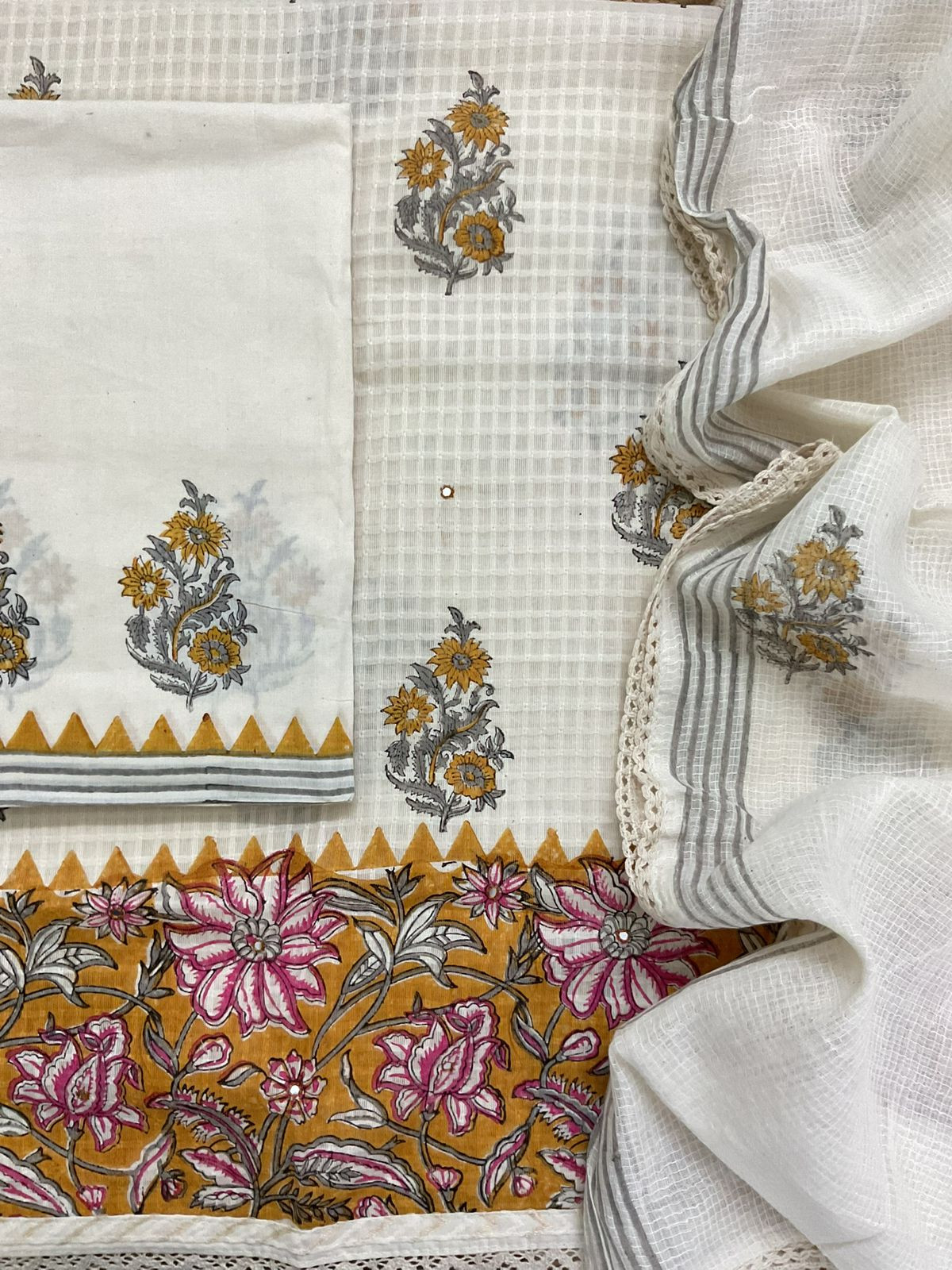 Pure Cotton Printed Self Weaved Embroidered Suit - Off White