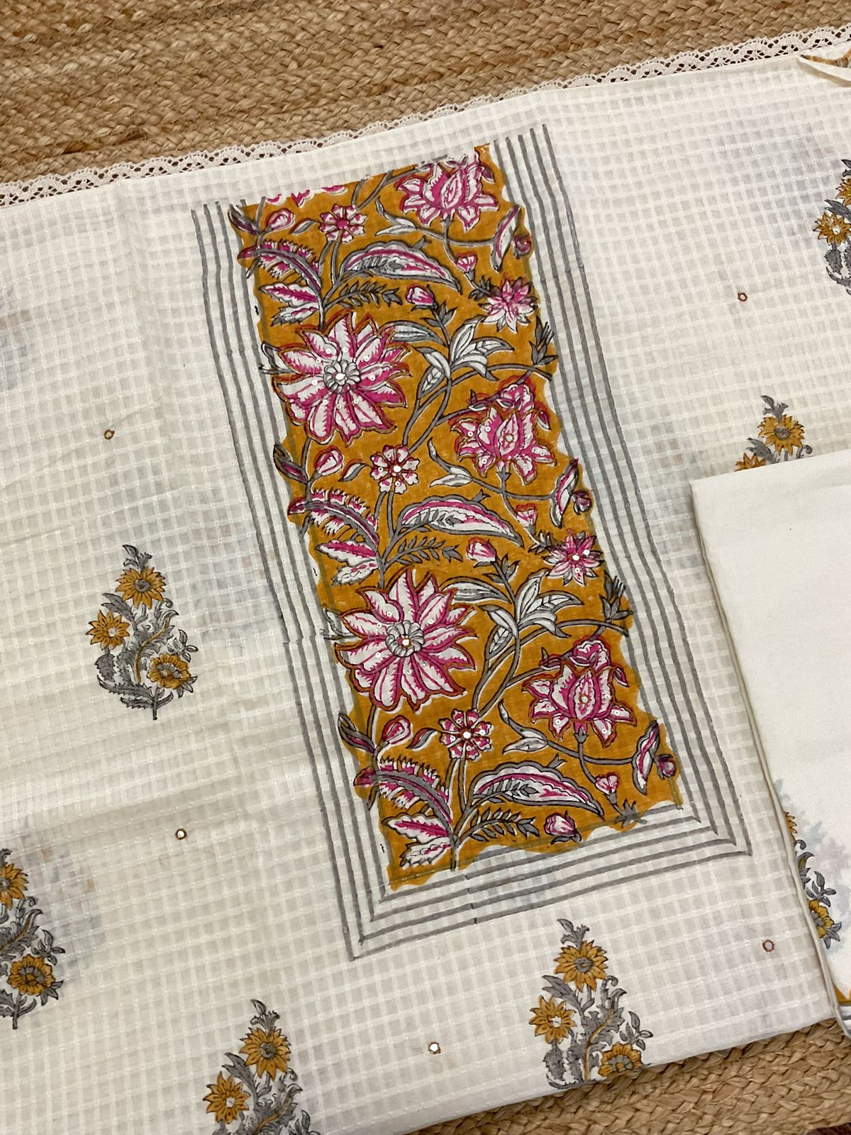 Pure Cotton Printed Self Weaved Embroidered Suit - Off White