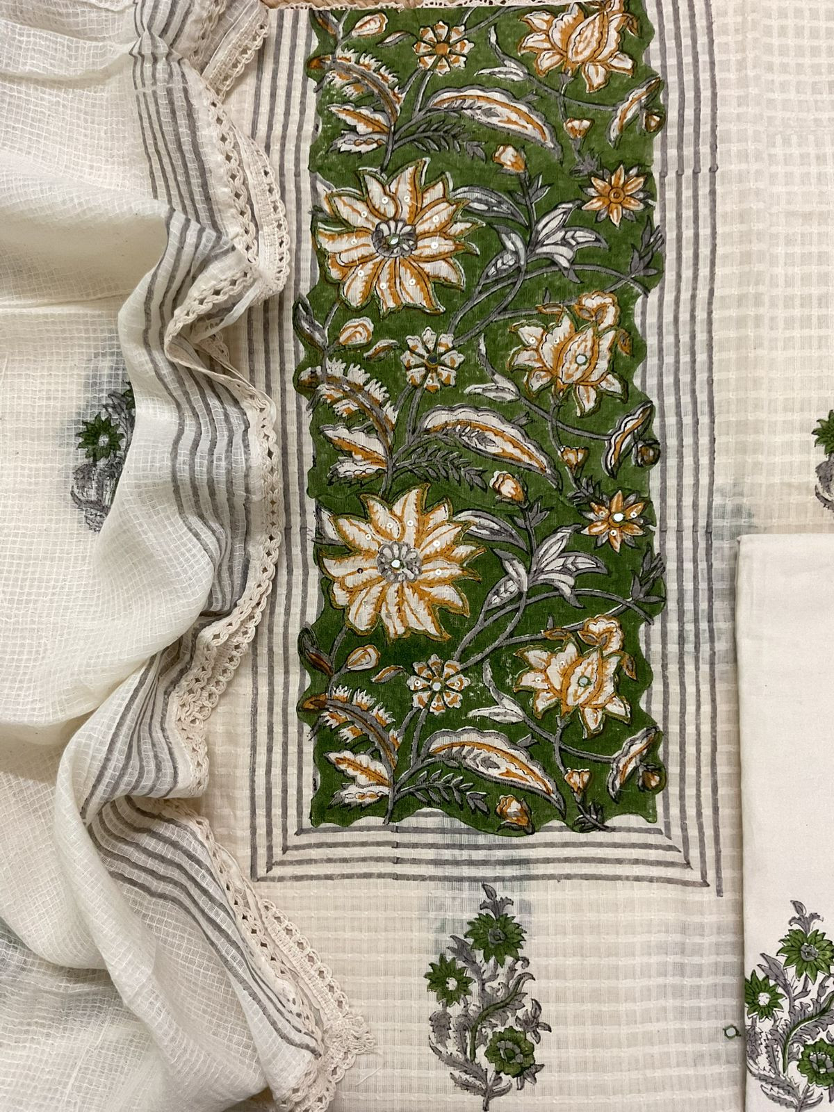 Pure Cotton Printed Self Weaved Embroidered Suit - Off White