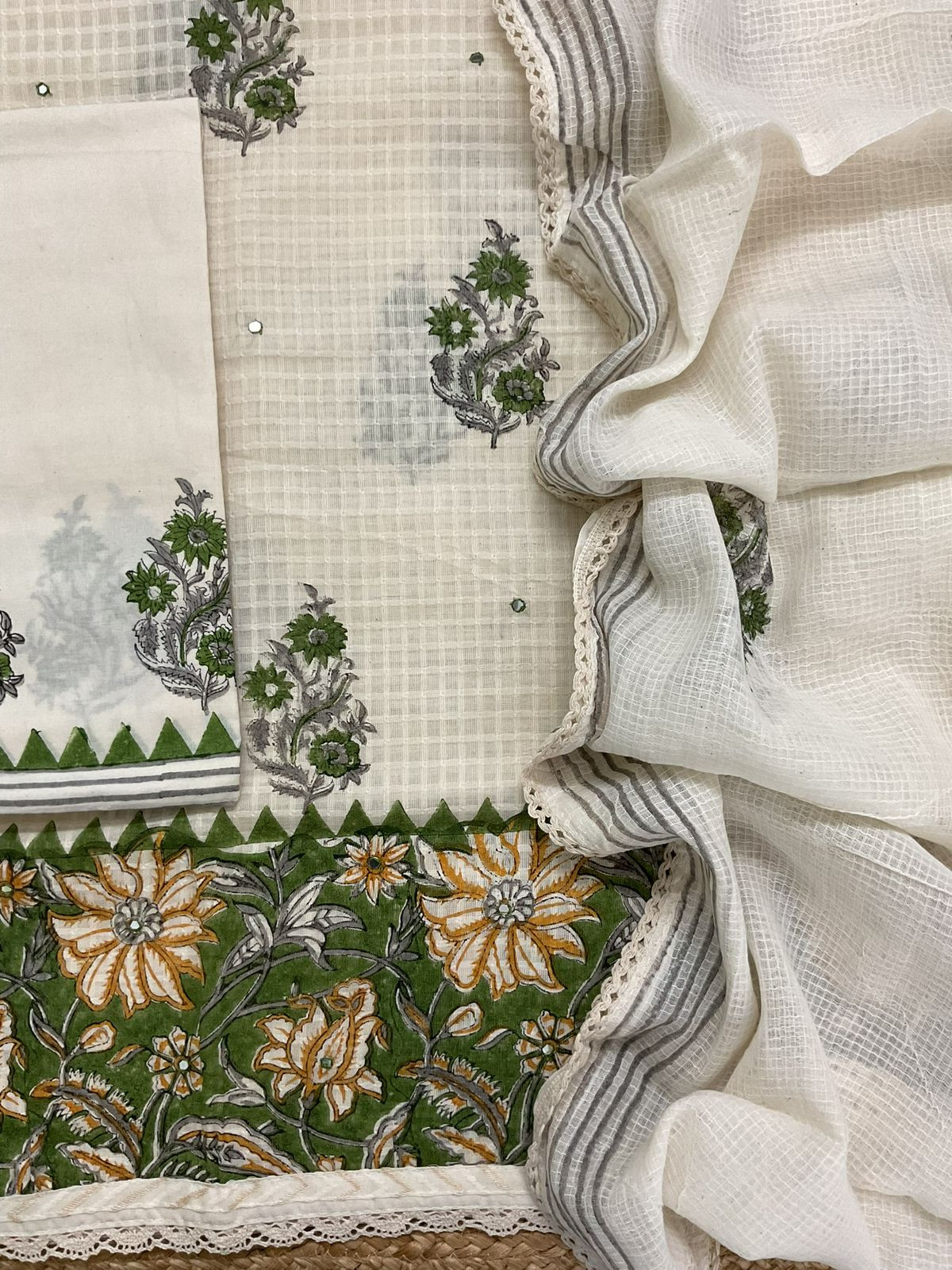 Pure Cotton Printed Self Weaved Embroidered Suit - Off White