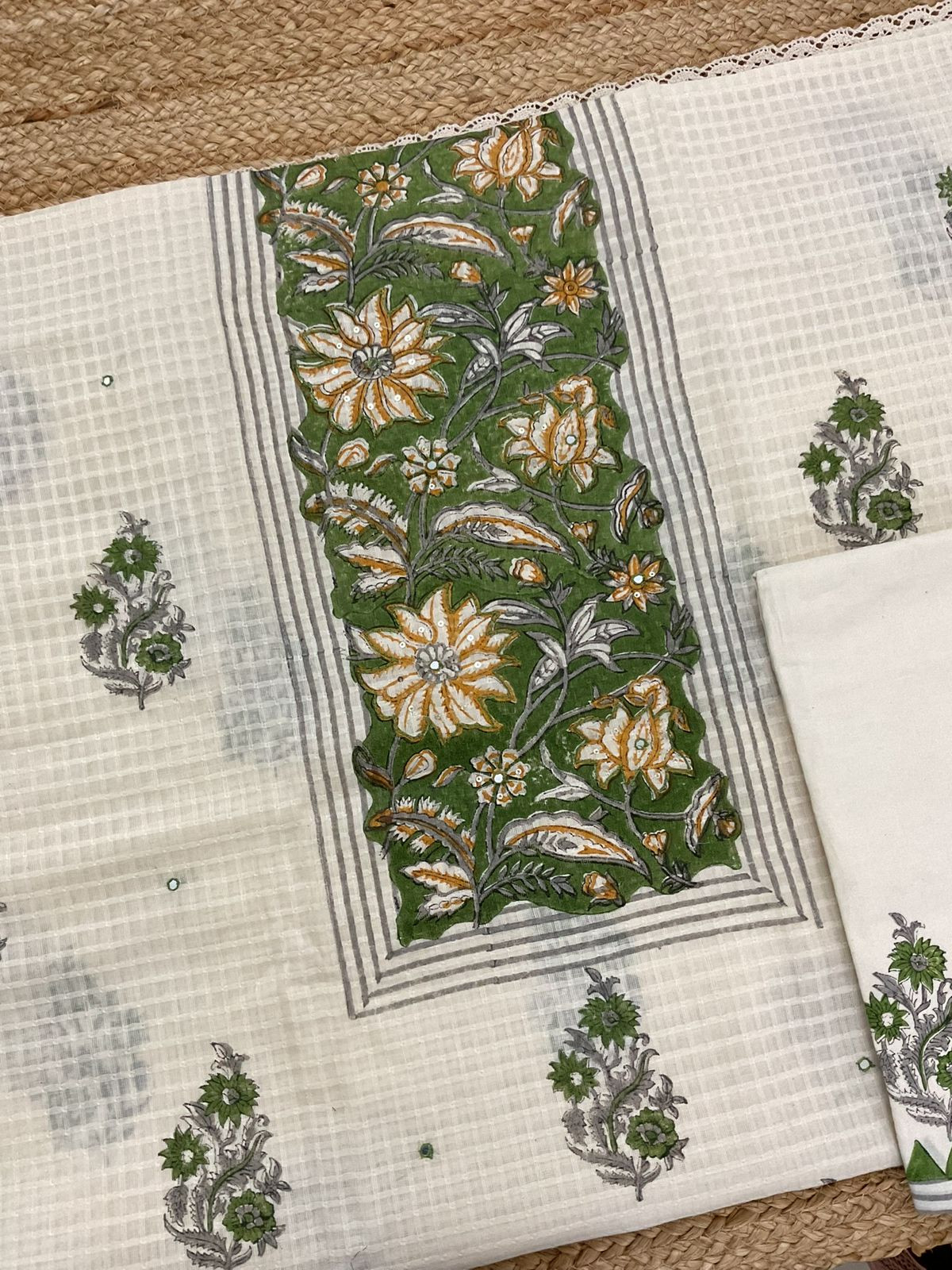 Pure Cotton Printed Self Weaved Embroidered Suit - Off White