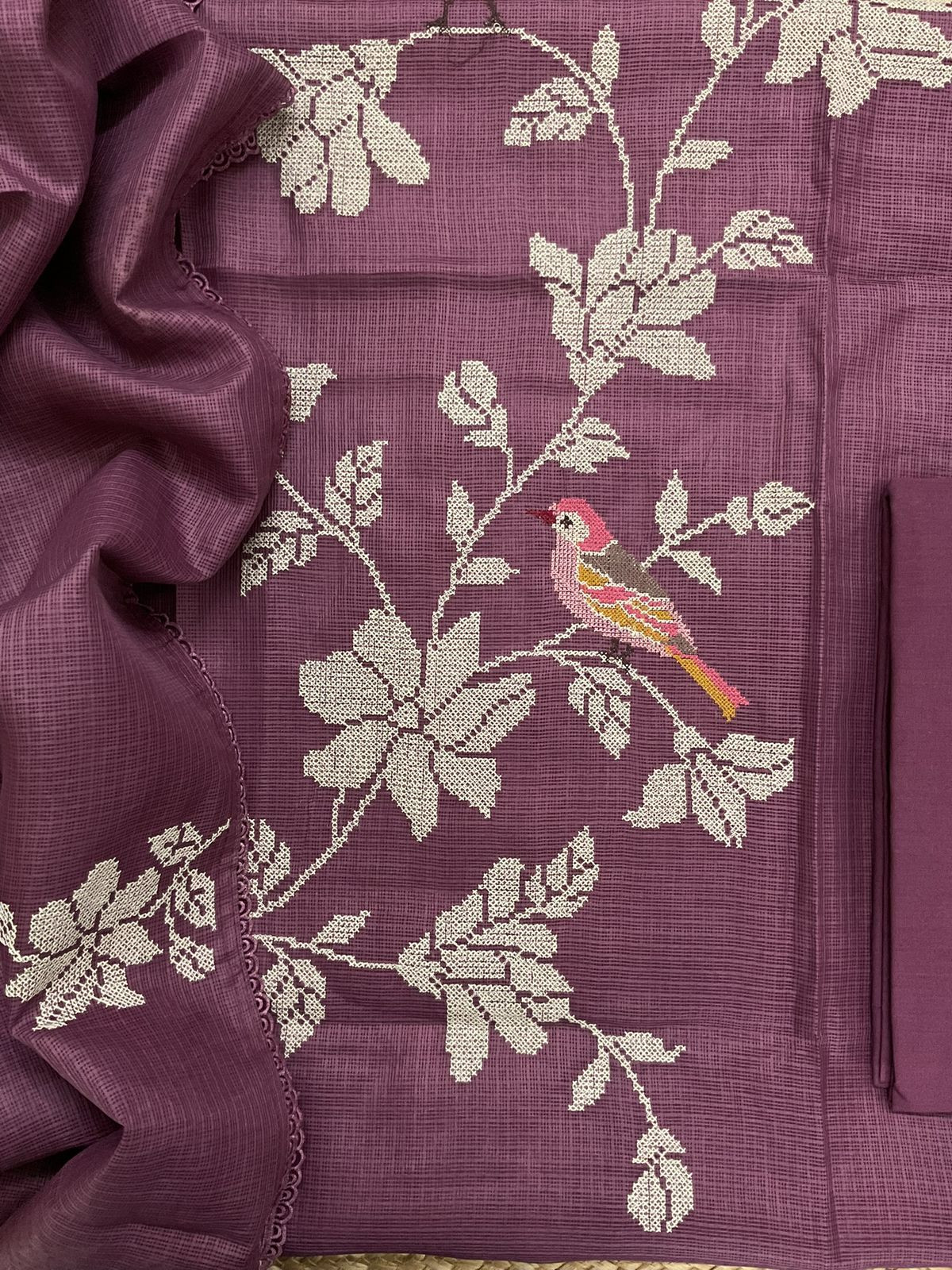 Soft Kota Silk Embroidered Suit - Wine