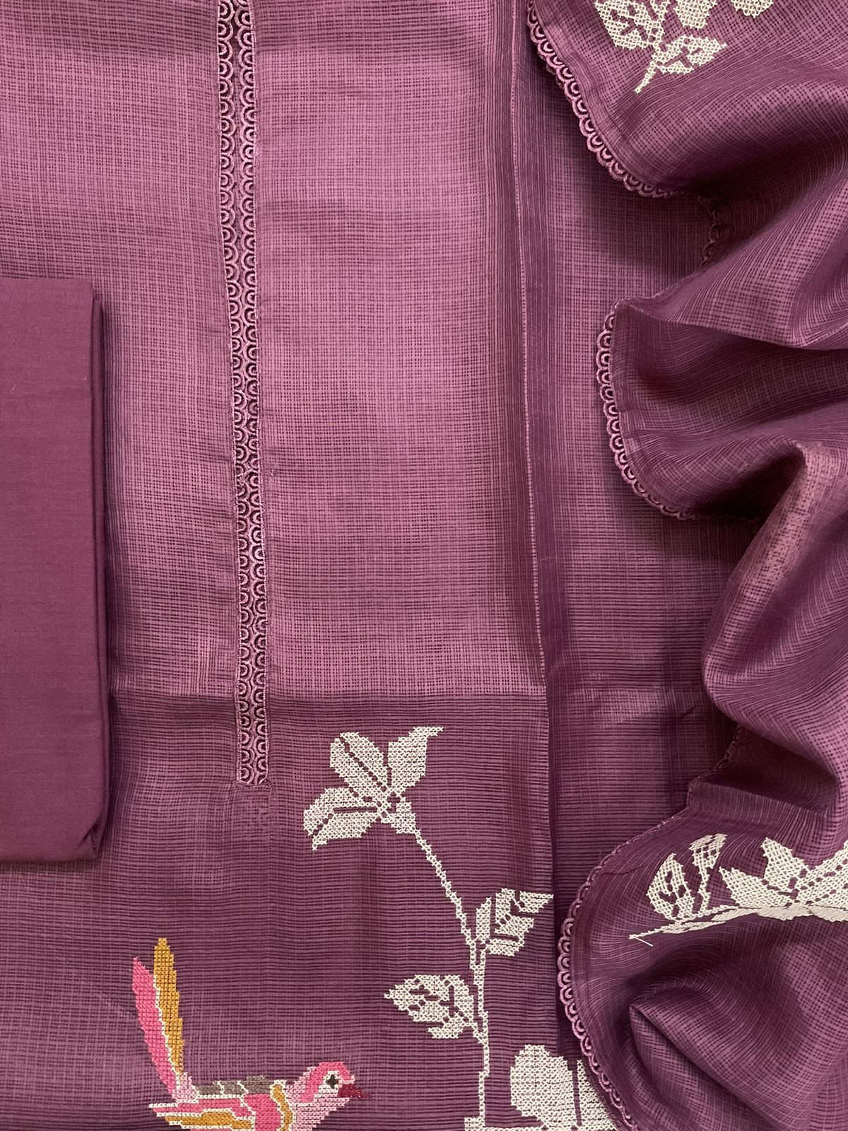 Soft Kota Silk Embroidered Suit - Wine