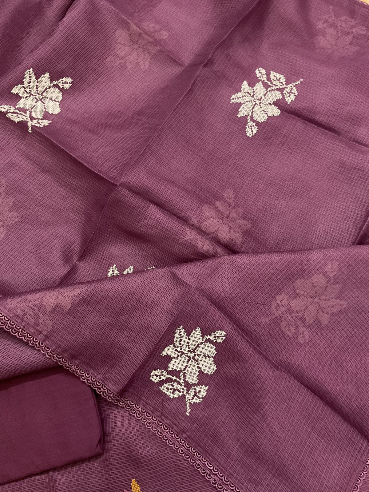 Soft Kota Silk Embroidered Suit - Wine