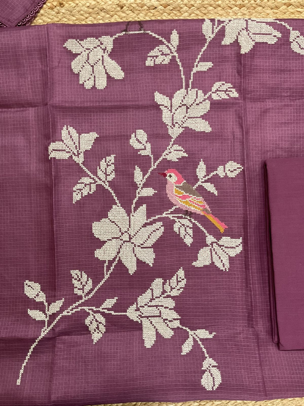 Soft Kota Silk Embroidered Suit - Wine