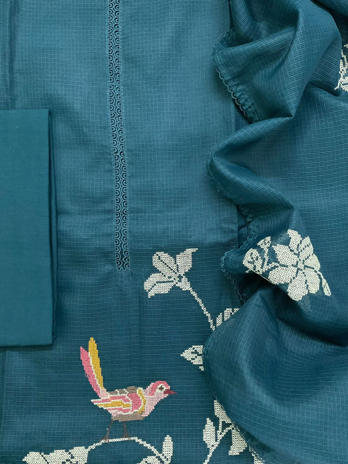 Soft Kota Silk Embroidered Suit - Blue