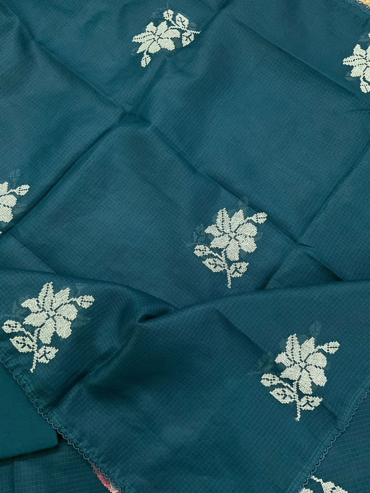 Soft Kota Silk Embroidered Suit - Blue