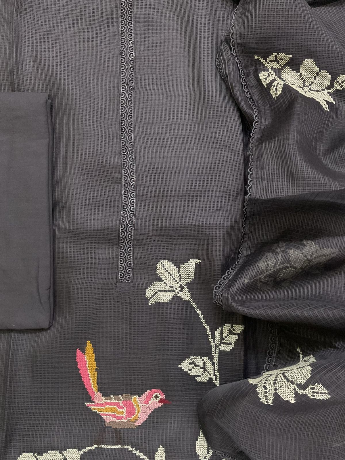 Soft Kota Silk Embroidered Suit - Brown