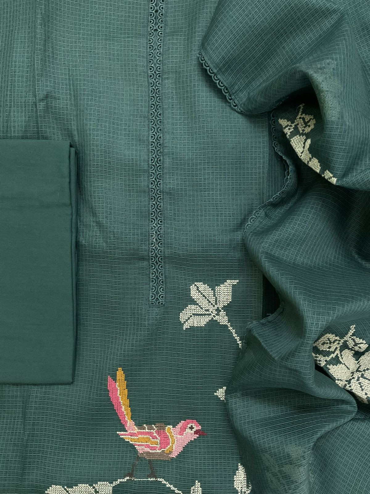 Soft Kota Silk Embroidered Suit - Green