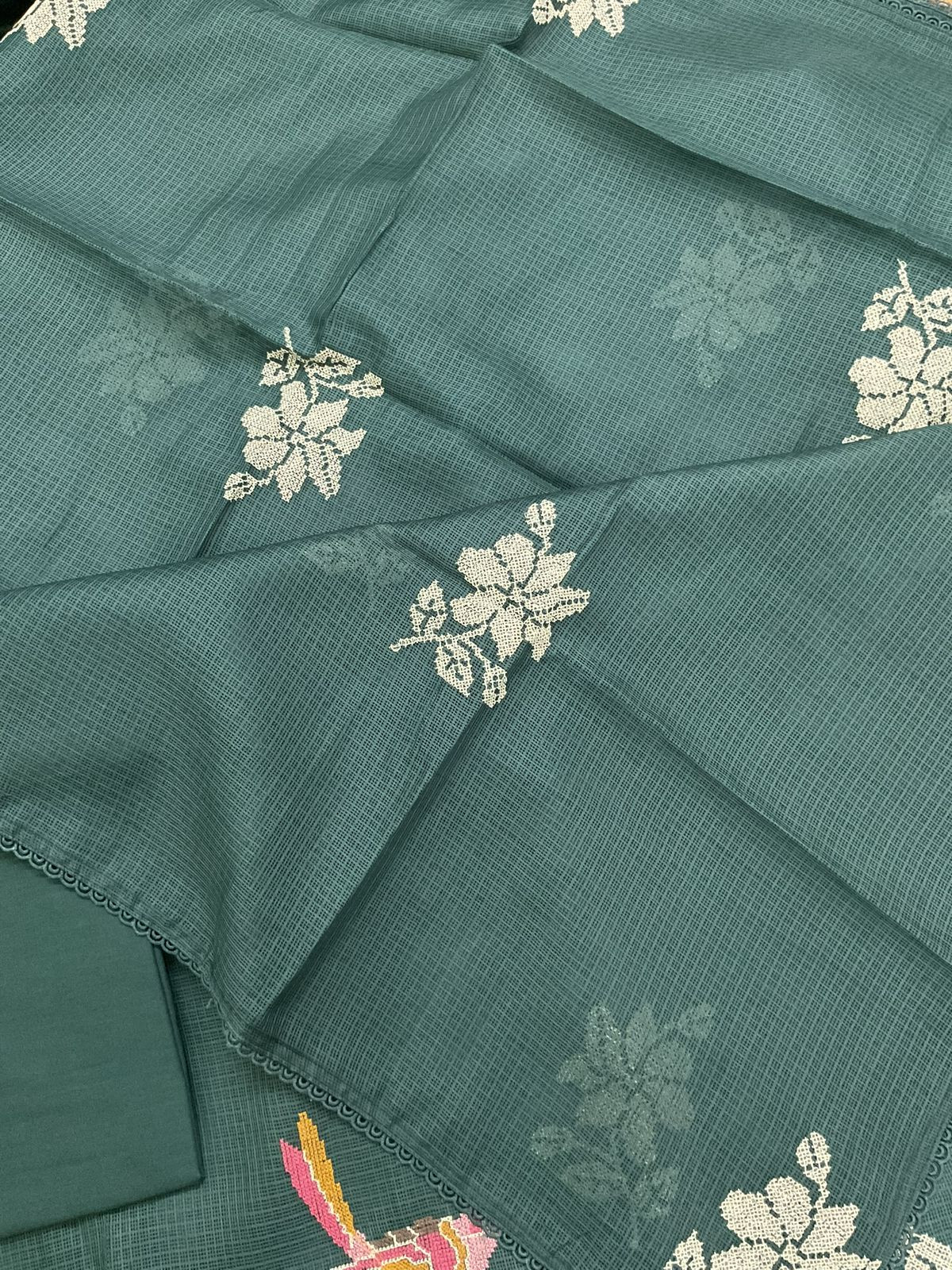 Soft Kota Silk Embroidered Suit - Green