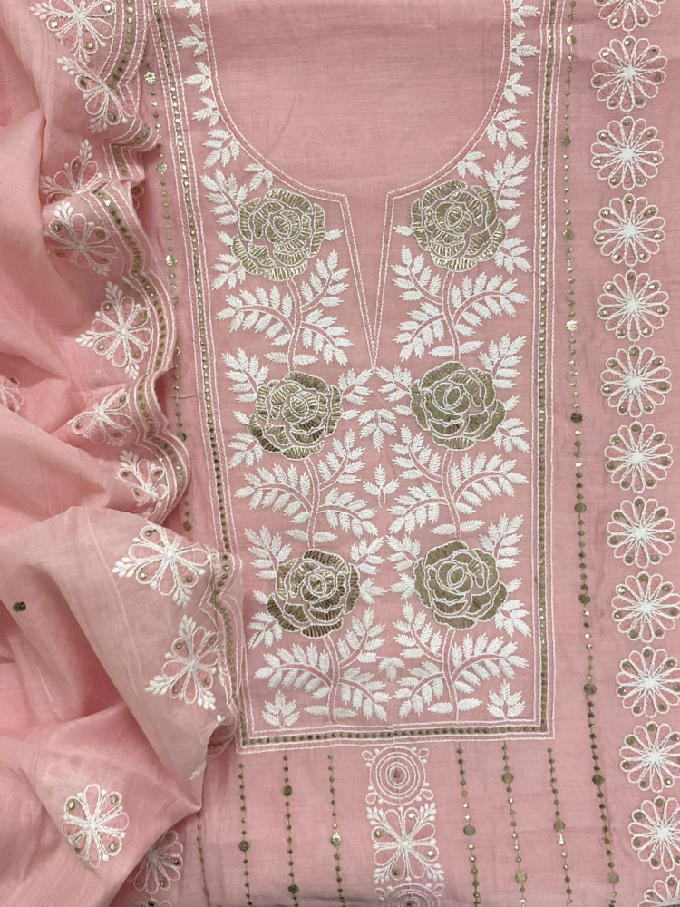 Image of Soft Chanderi Embroidered Suit - Pink