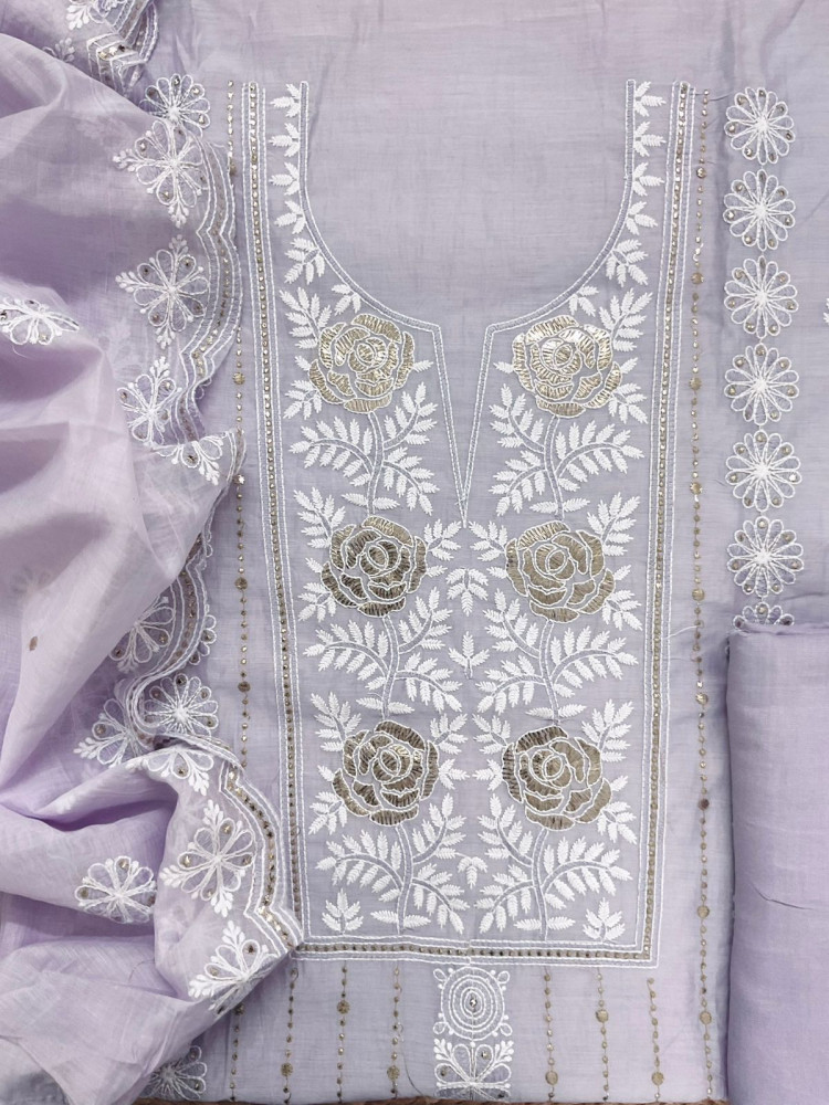 Image of Soft Chanderi Embroidered Suit - Lavender