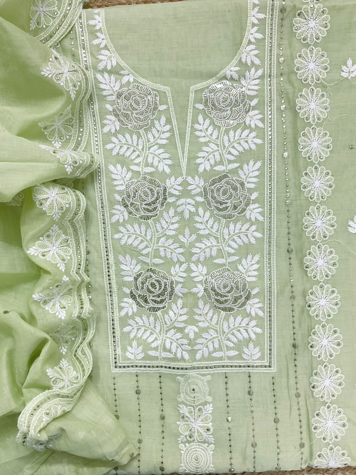 Soft Chanderi Embroidered Suit - Green