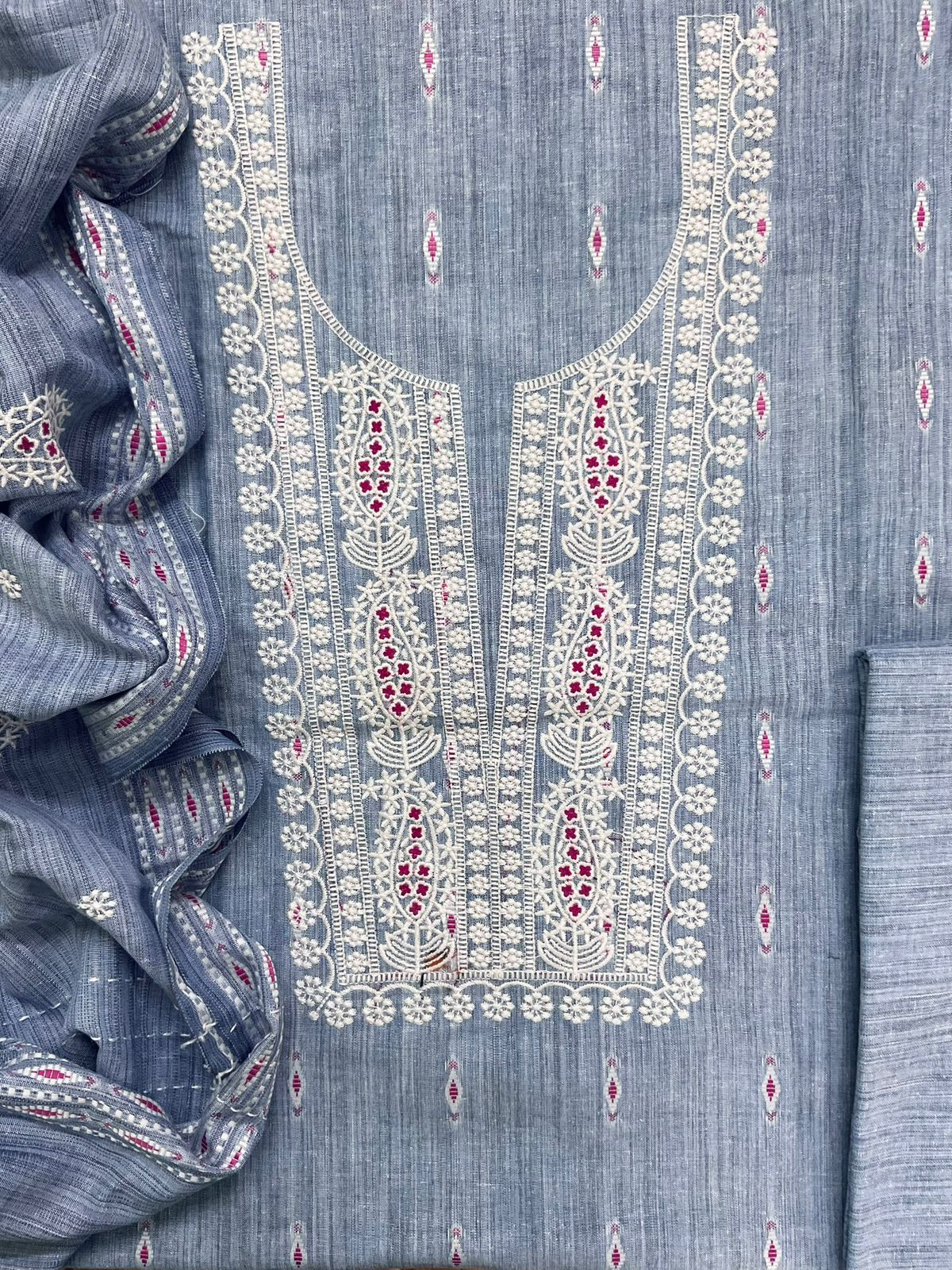 Soft Handloom Cotton Self Weaved Embroidered Suit - Greyish Blue
