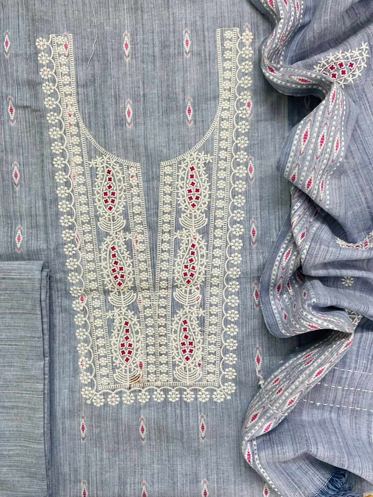 Soft Handloom Cotton Self Weaved Embroidered Suit - Greyish Blue