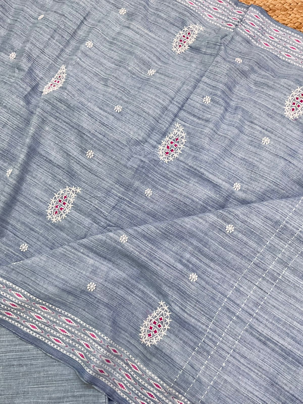 Soft Handloom Cotton Self Weaved Embroidered Suit - Greyish Blue