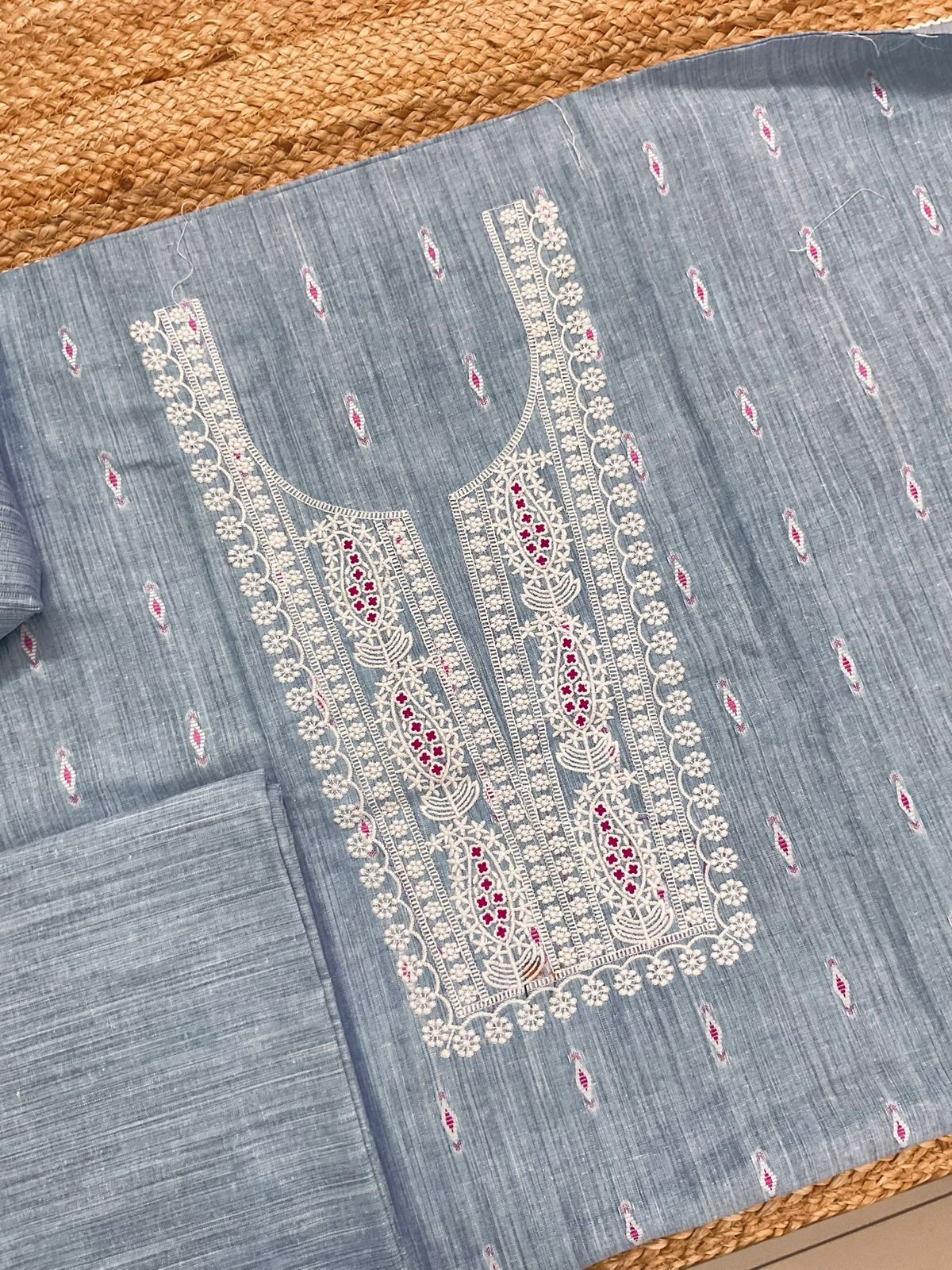 Soft Handloom Cotton Self Weaved Embroidered Suit - Greyish Blue