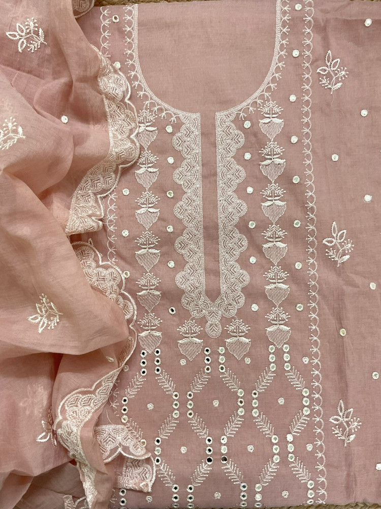Image of Soft Chanderi Embroidered Suit - Peach