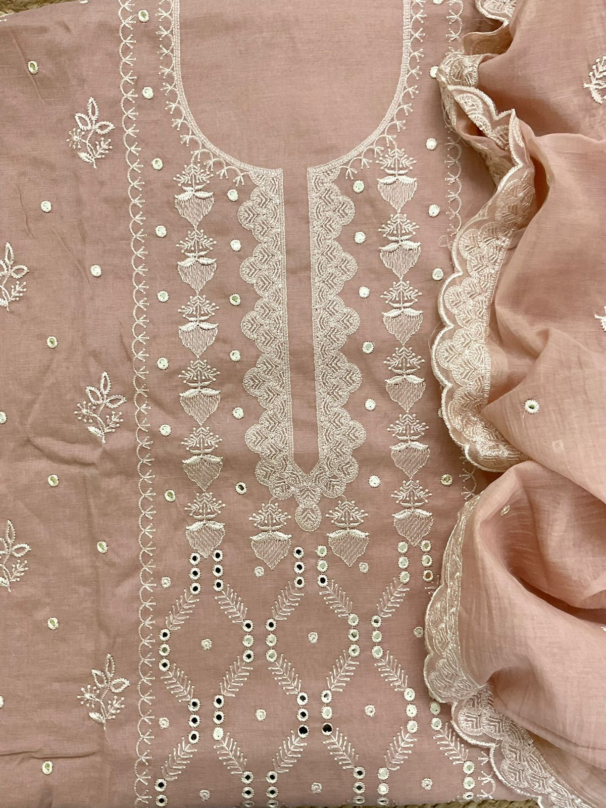 Soft Chanderi Embroidered Suit - Peach