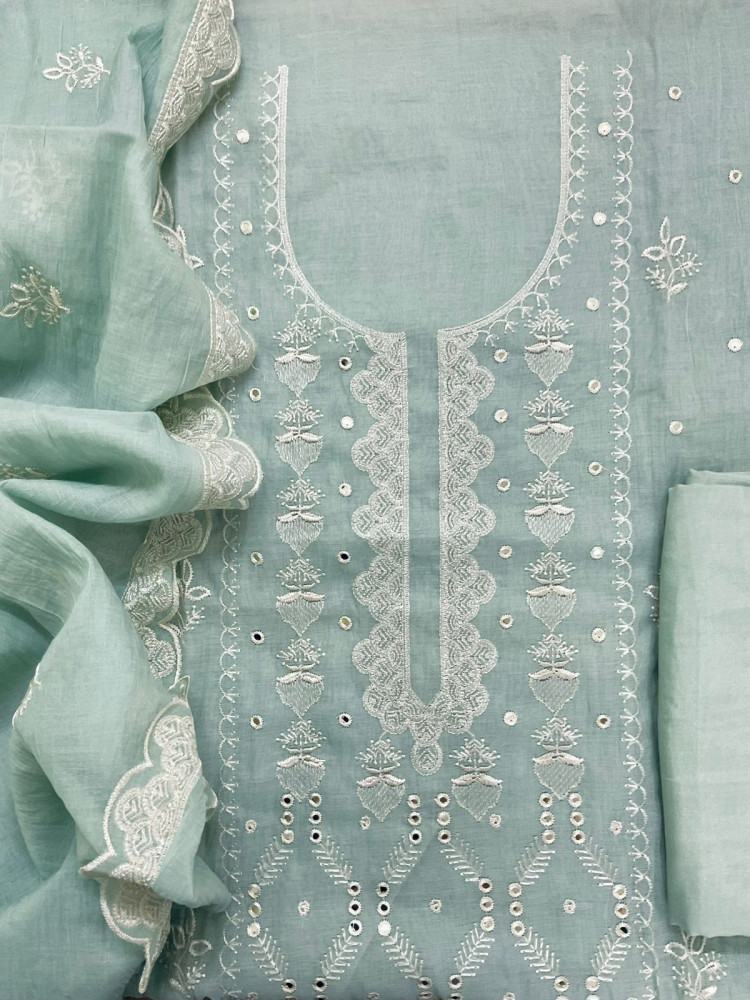 Image of Soft Chanderi Embroidered Suit - Sea Blue