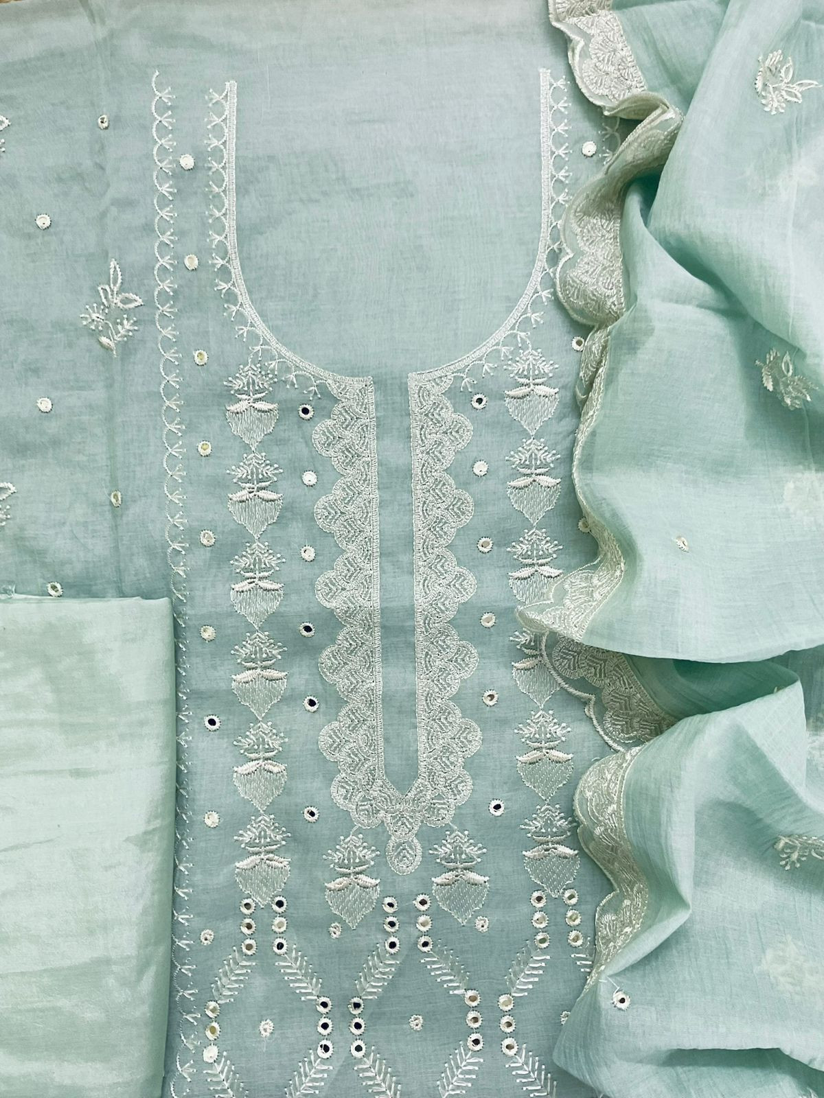 Soft Chanderi Embroidered Suit - Sea Blue