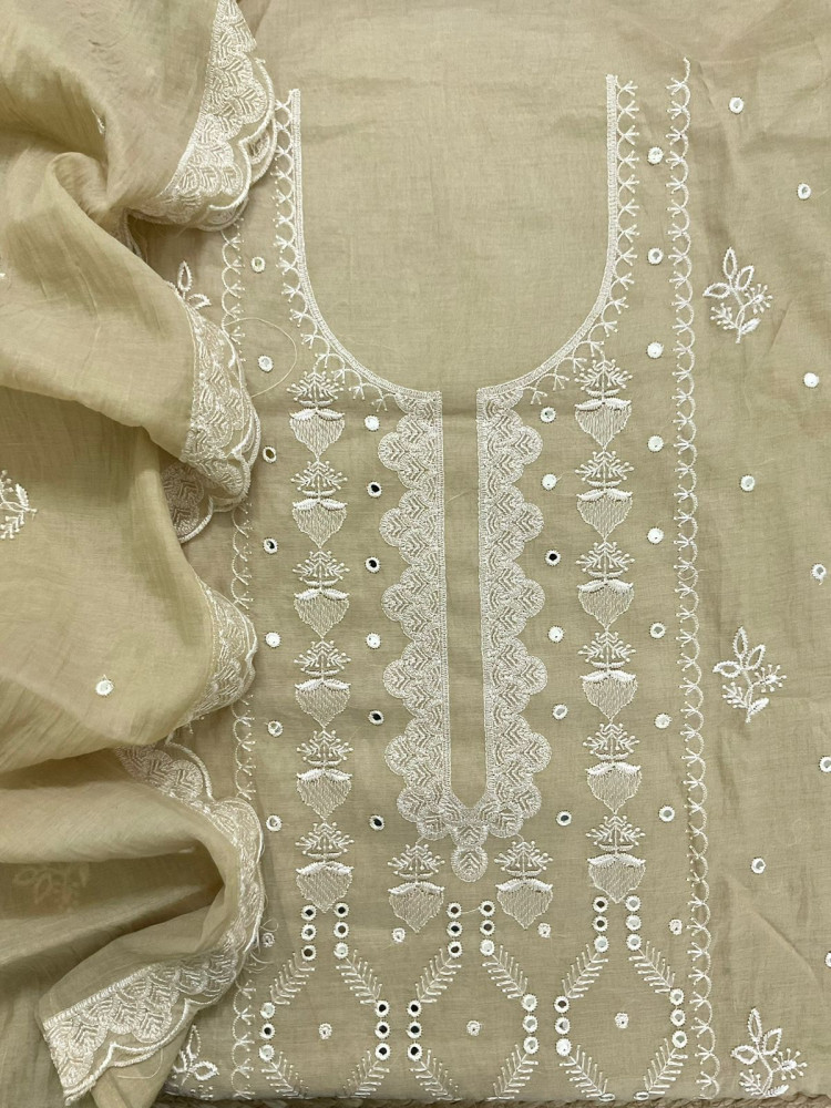 Image of Soft Chanderi Embroidered Suit - Mustard