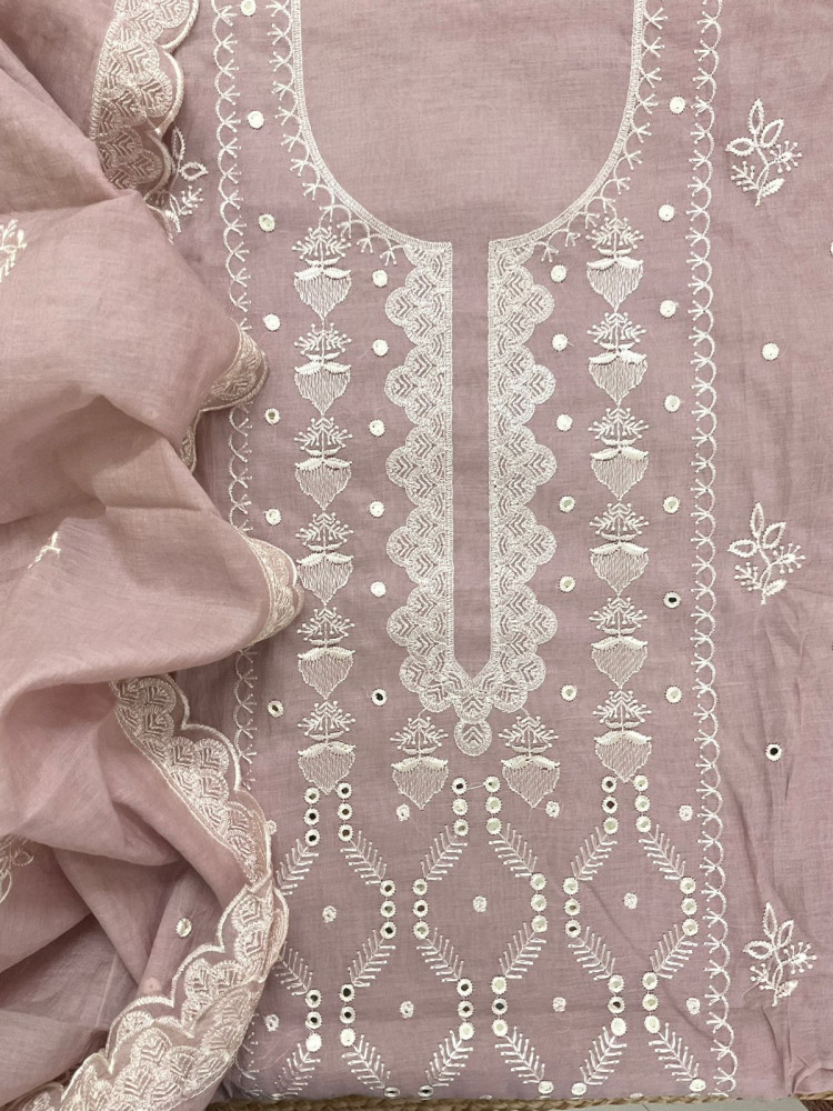 Image of Soft Chanderi Embroidered Suit - Lilac