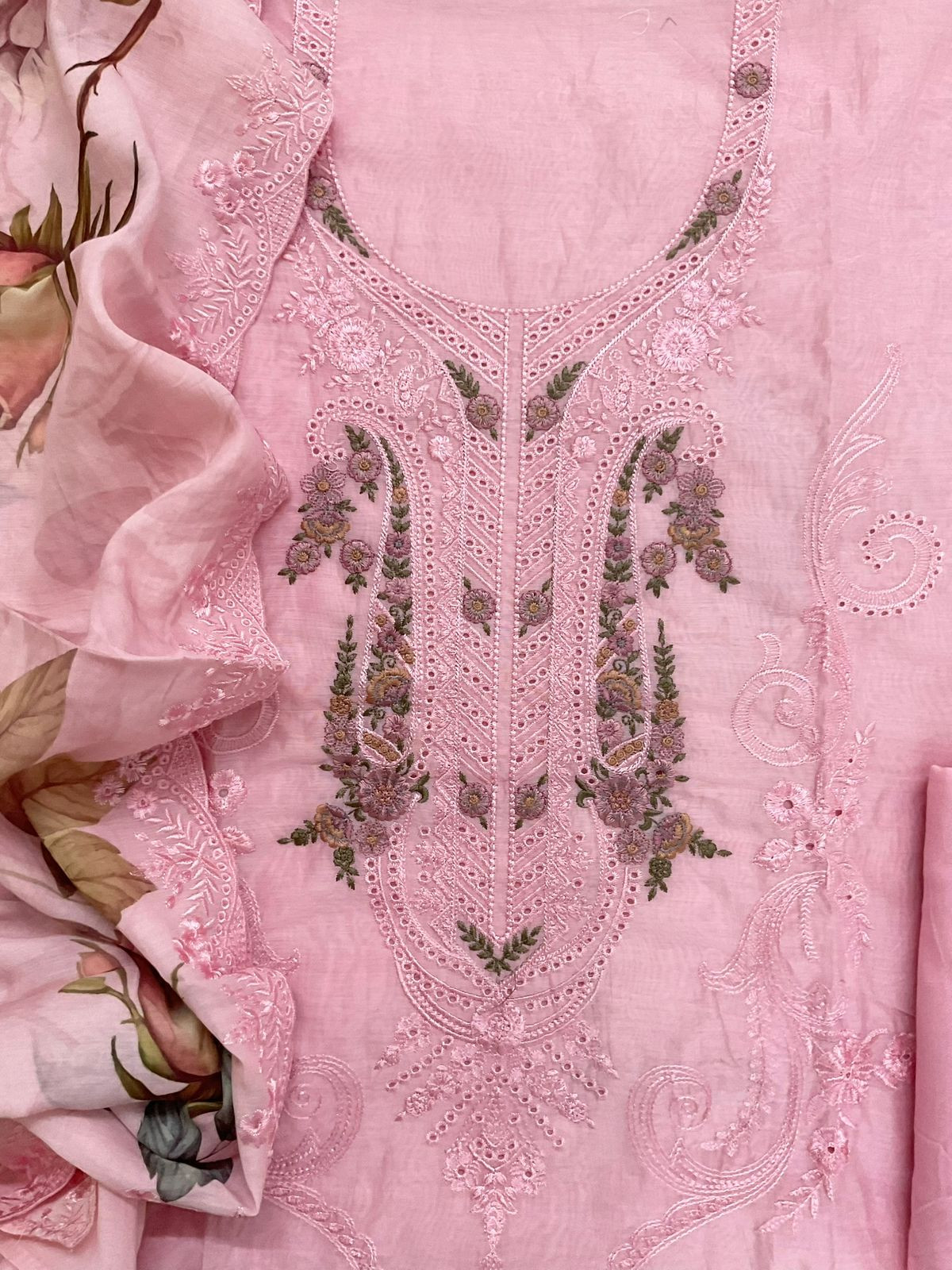 Soft Chanderi Printed Embroidered Suit - Pink