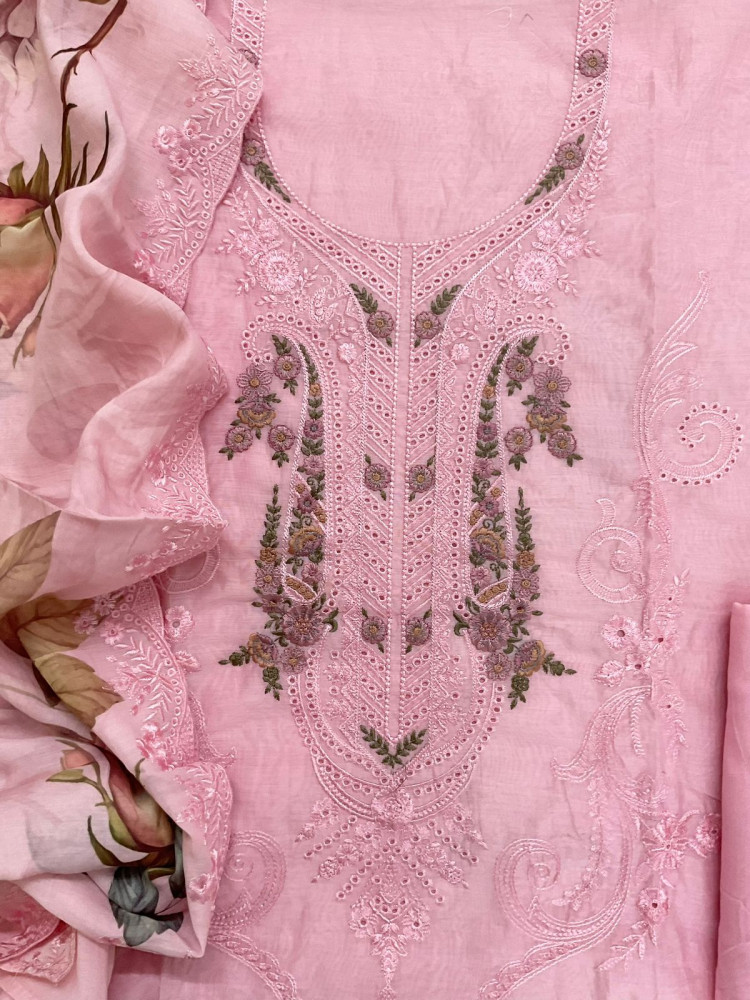 Image of Soft Chanderi Printed Embroidered Suit - Pink