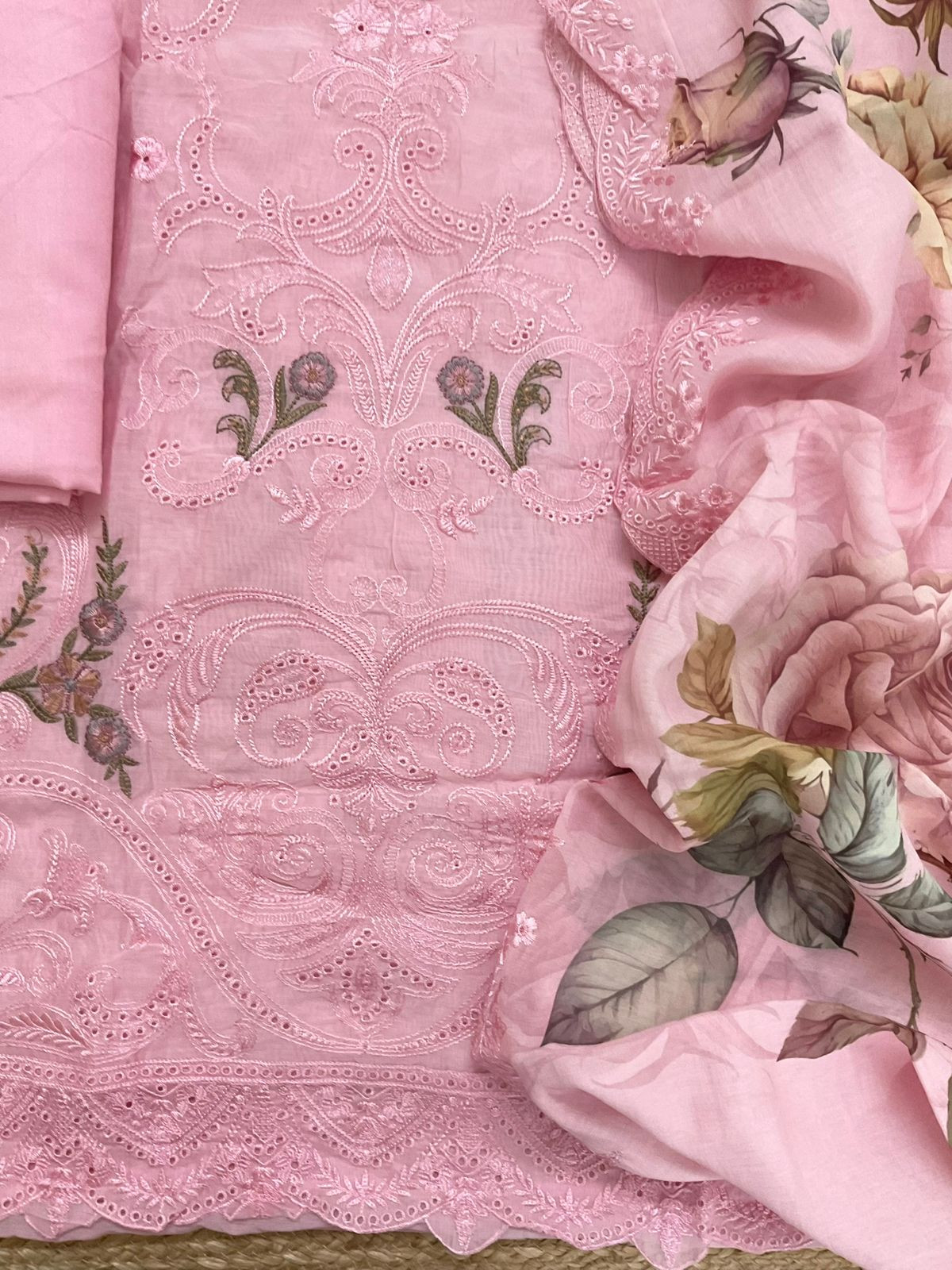 Soft Chanderi Printed Embroidered Suit - Pink
