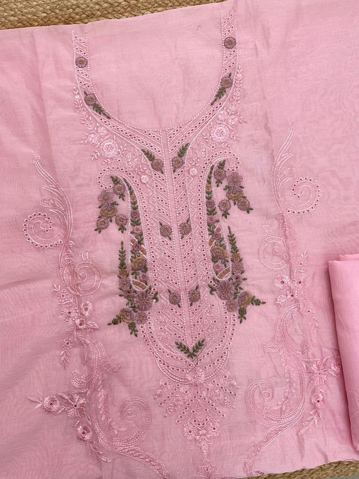 Soft Chanderi Printed Embroidered Suit - Pink
