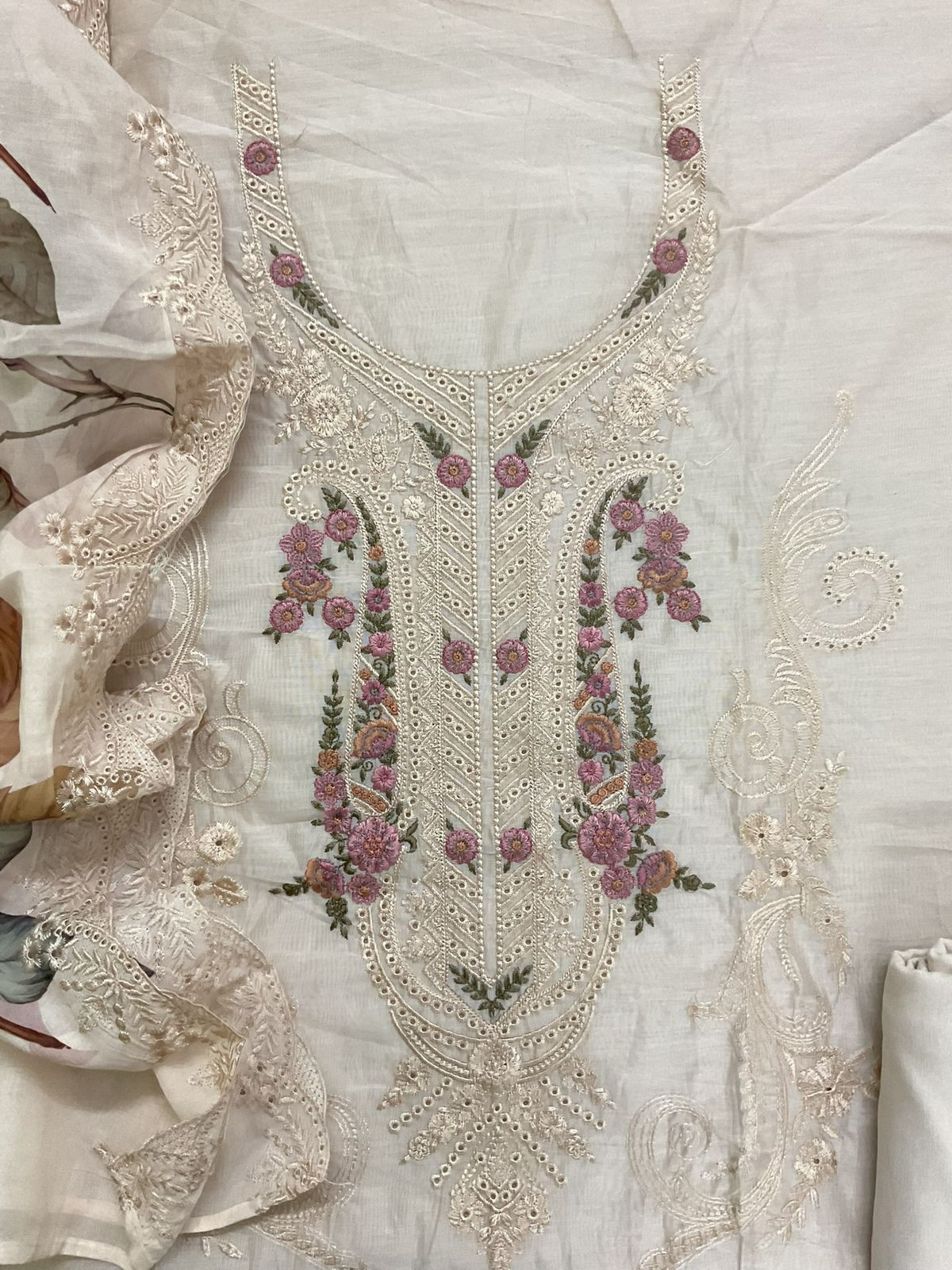 Soft Chanderi Printed Embroidered Suit - Beige