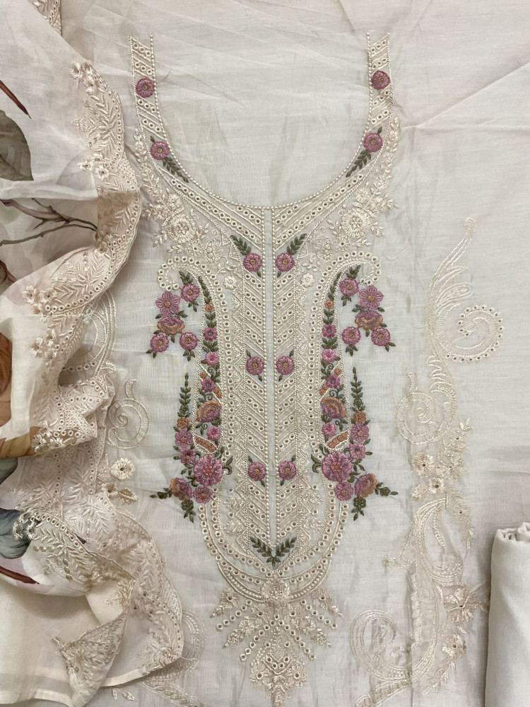 Image of Soft Chanderi Printed Embroidered Suit - Beige