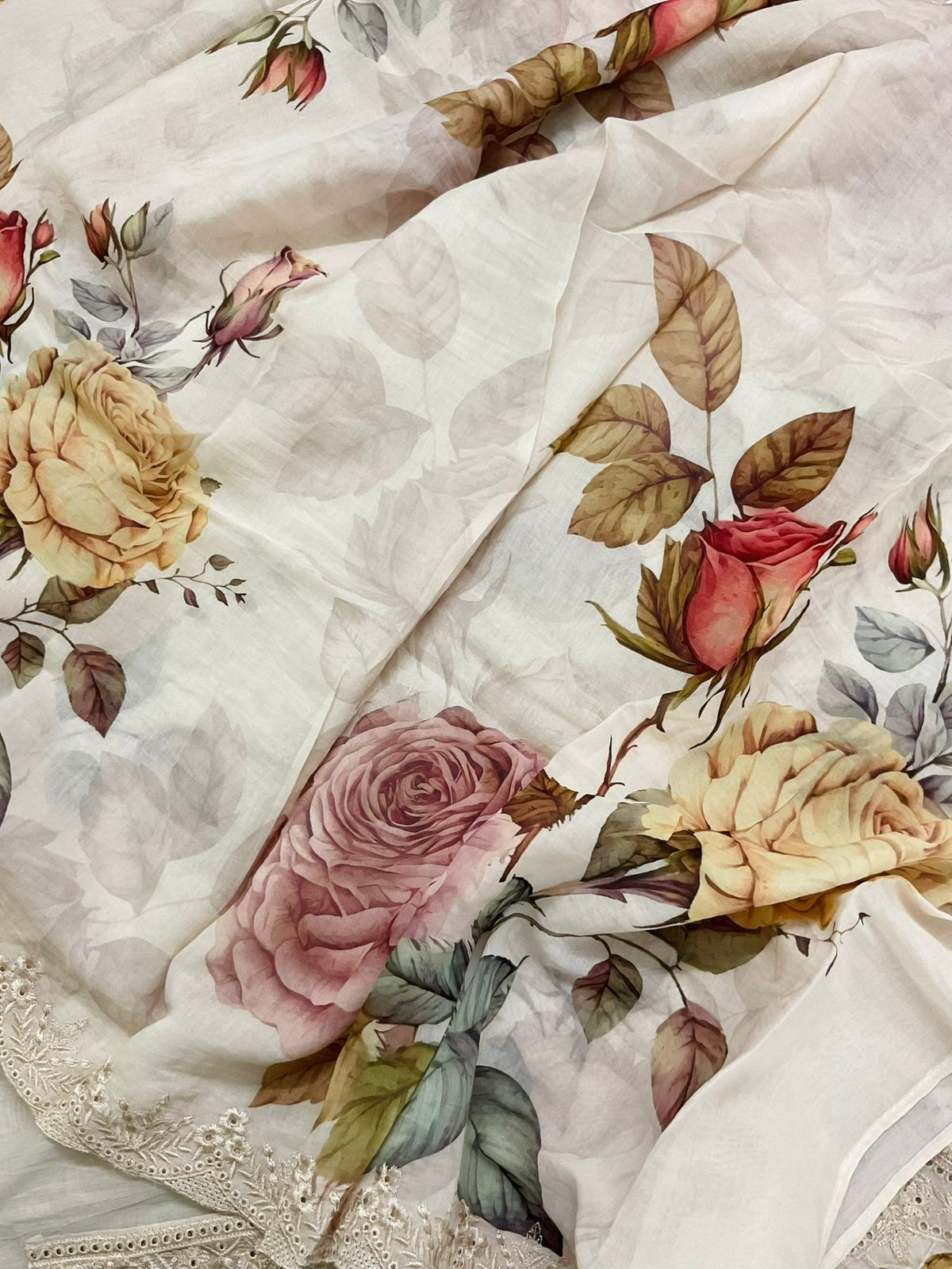 Soft Chanderi Printed Embroidered Suit - Beige