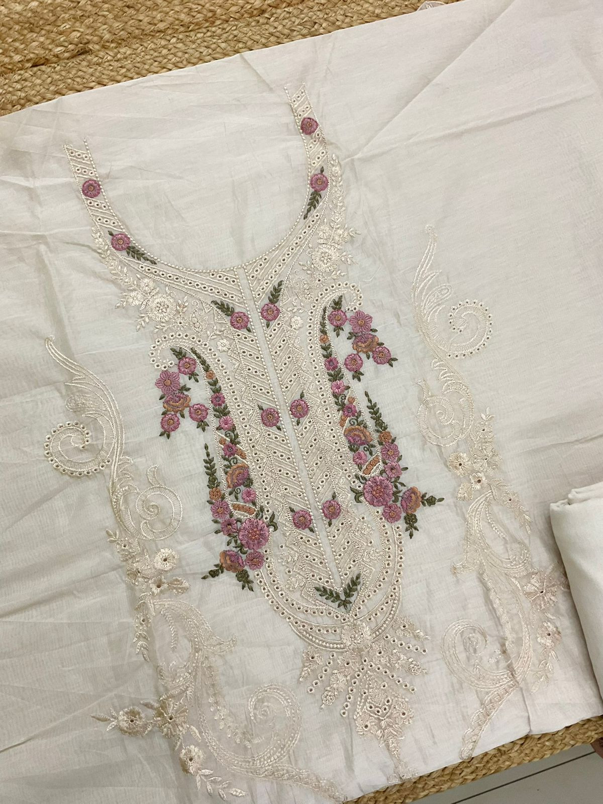 Soft Chanderi Printed Embroidered Suit - Beige