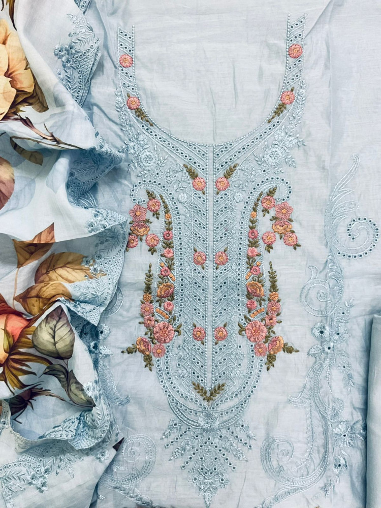 Image of Soft Chanderi Printed Embroidered Suit - Blue