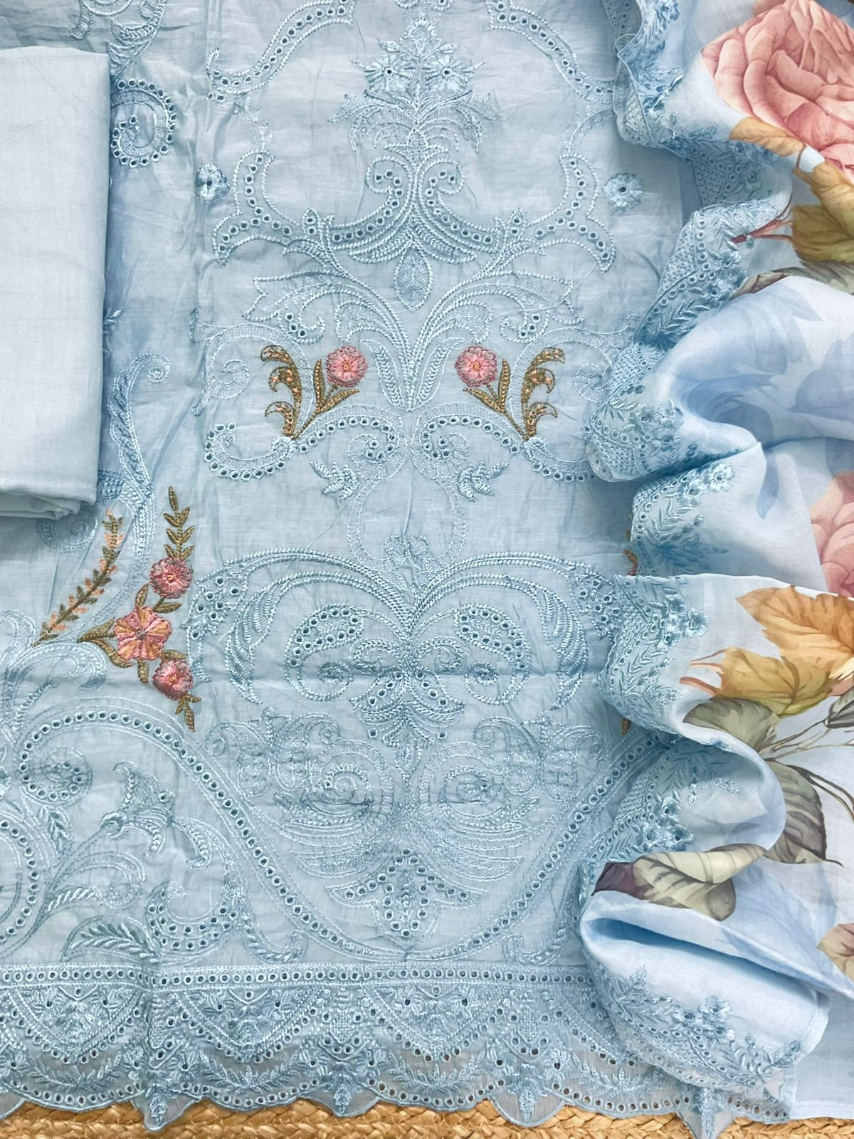 Soft Chanderi Printed Embroidered Suit - Blue