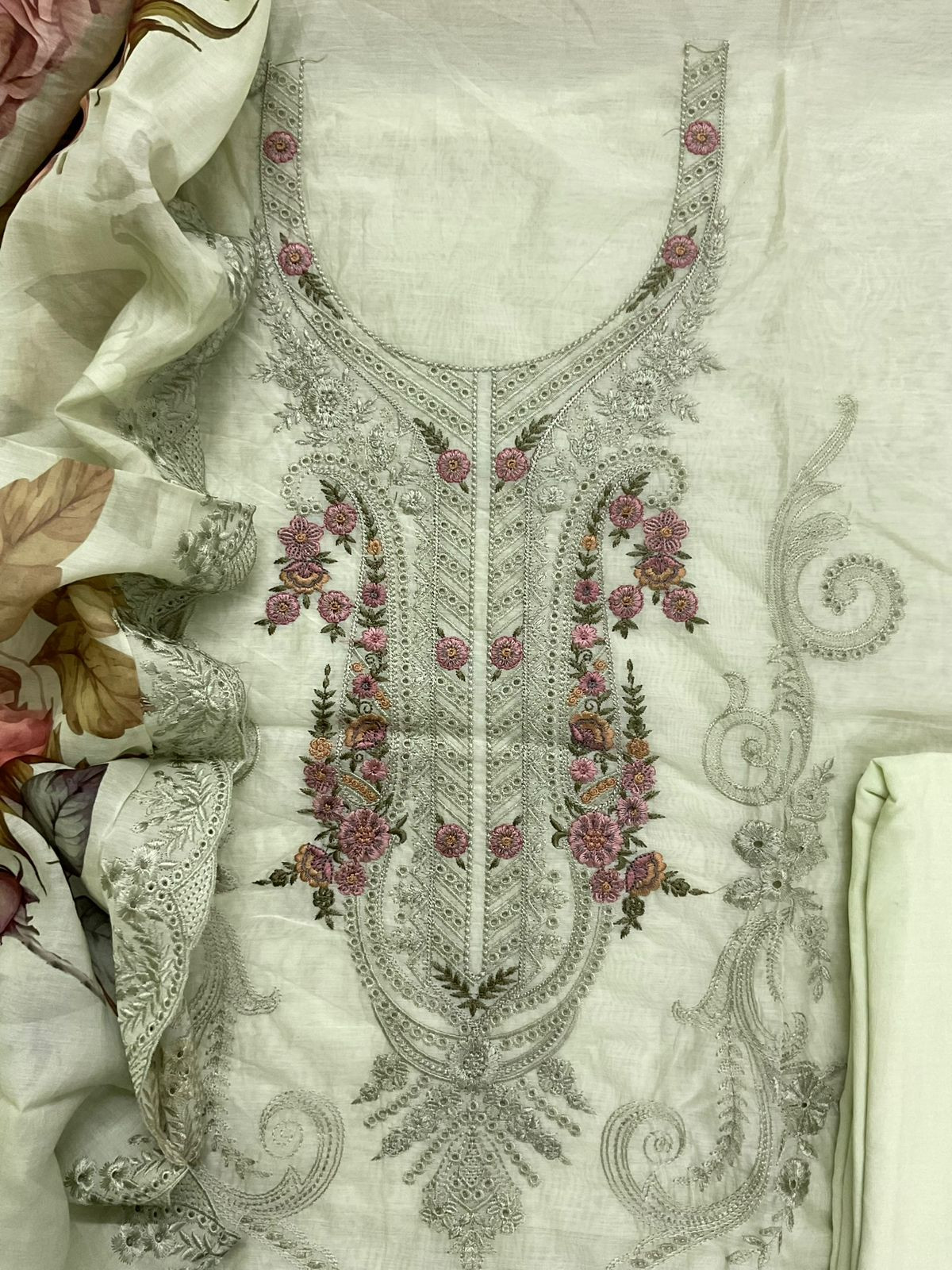 Soft Chanderi Printed Embroidered Suit - Green