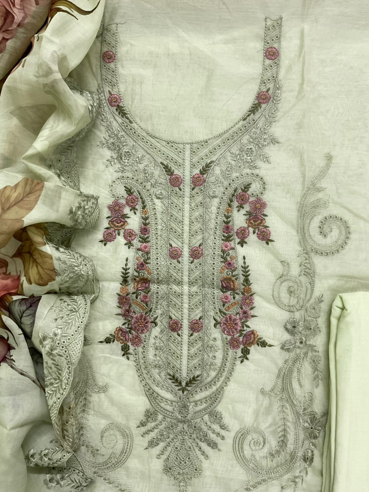 Image of Soft Chanderi Printed Embroidered Suit - Green