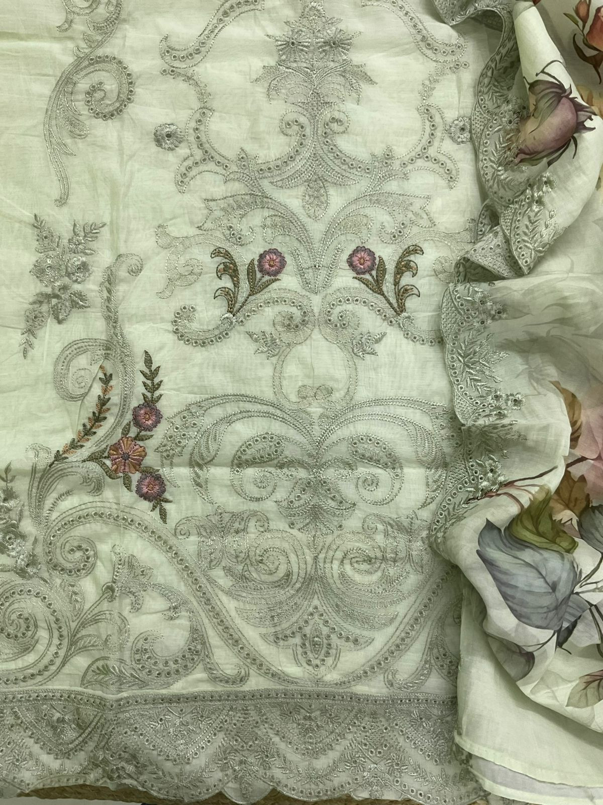 Soft Chanderi Printed Embroidered Suit - Green