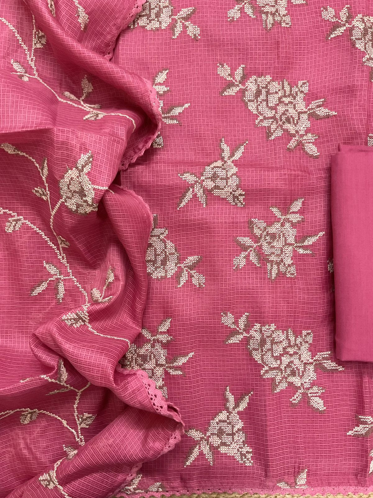 Soft Kota Silk Embroidered Suit - Pink